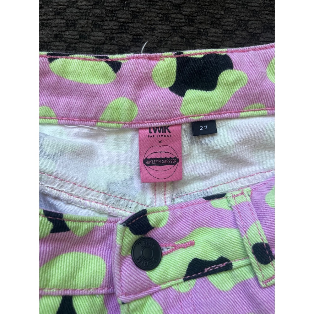 Hayley Elsaesser x TWIK Pink Green Leopard Print Wide Leg Jeans Size 27 Highrise - Picture 7 of 12